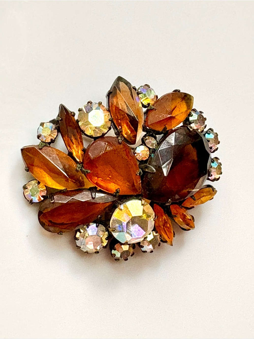 Vintage Austria Topaz & AB Rhinestone Brooch Inverted Stones Designer Jewelry